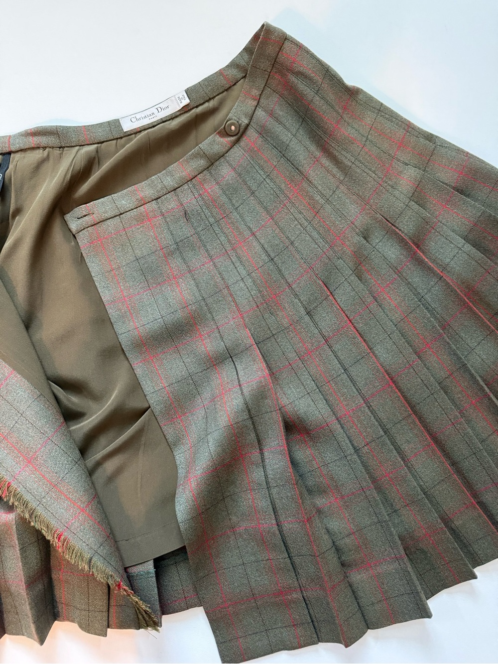 Christian Dior Olive Green 100% Wool Plaid Pleated Mini Skirt Size 6 Made Italy - Picture 5 of 16